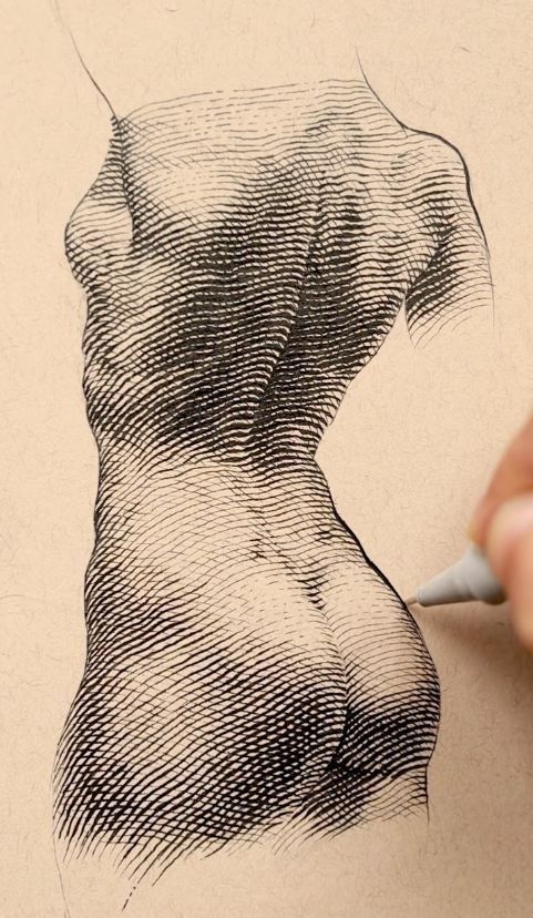 a drawing of a woman's torso with a pencil in her hand