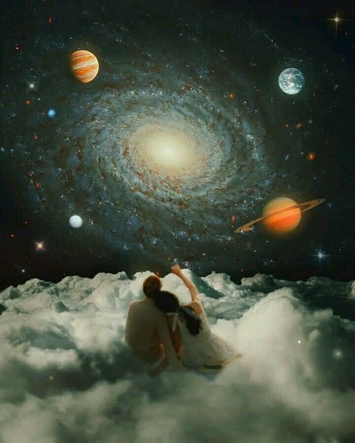 a woman sitting on top of a cloud in front of a spiral galaxy