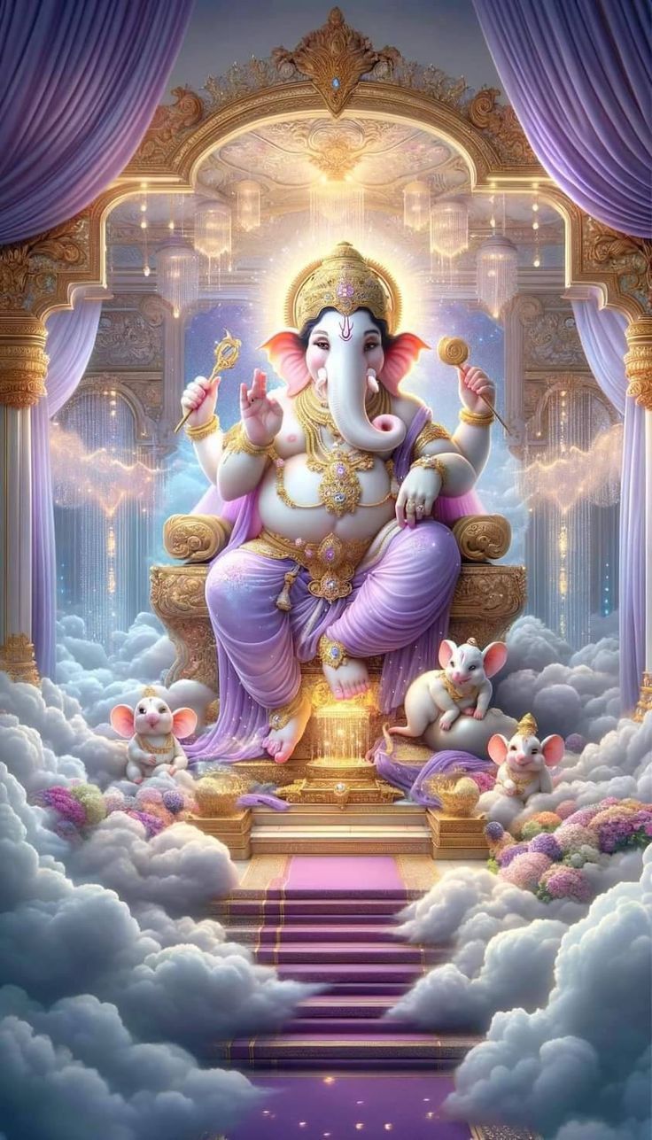 an elephant sitting on top of a throne surrounded by clouds