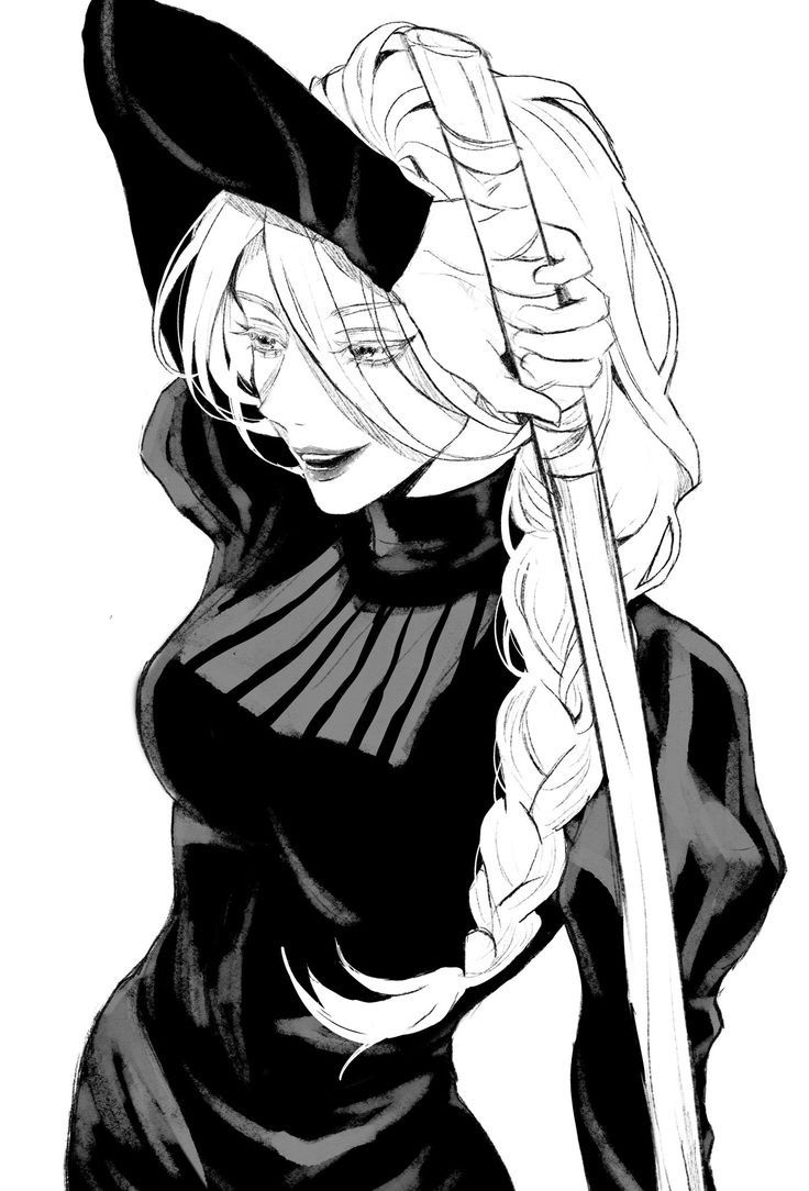 a black and white drawing of a woman with long blonde hair holding a wand in her hand