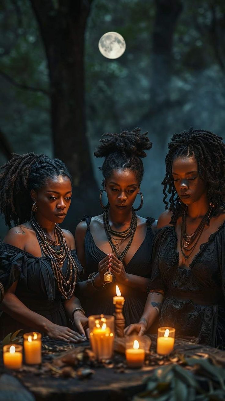 three women standing around a table with candles in front of them and the moon behind them