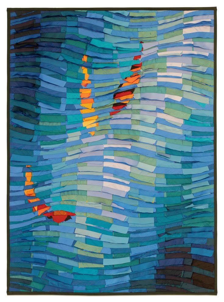 a piece of art made out of strips of blue, green and orange paper with an image of a bird on it