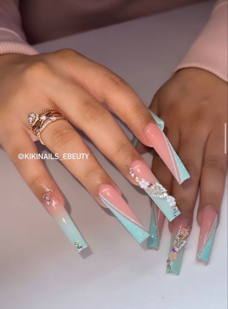 Cyan Nails Design, Long Square Acrylic Nails Ombre, Prom Nails Mint Green, Spring Long Nails 2024, Aquamarine Nail Designs, Aqua Acrylic Nails Turquoise, Light Teal Acrylic Nails, Mint Prom Nails, Tiffany Co Nails