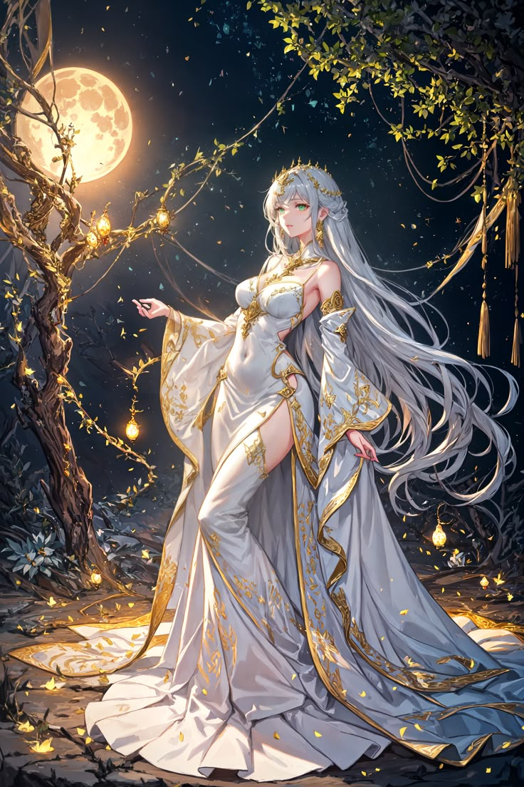 a woman with long white hair standing in front of a full moon and tree filled forest