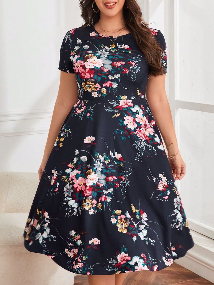 Plus Floral Print A-line Dress Navy Blue Elegant  Short Sleeve Knitted Fabric Floral,All Over Print A Line Slight Stretch Summer Women Plus Clothing, size features are:Bust: ,Length: ,Sleeve Length: Aline Midi Dress, Sukienki Plus Size, Woman Dresses, Diy Vetement, Business Dress, Patchwork Dress, Amazon Com, Amazon Women, Dress Summer