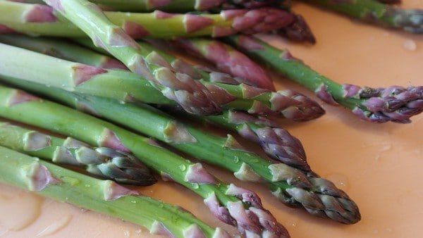 asparagus spears with pink and green tips on an orange surface, closeup