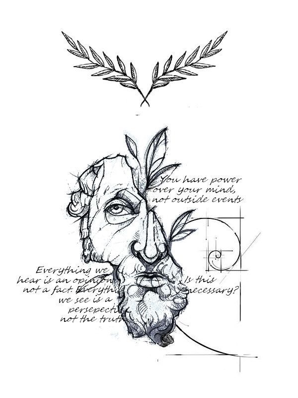 an ink drawing of a man's face with leaves on his head and the words,