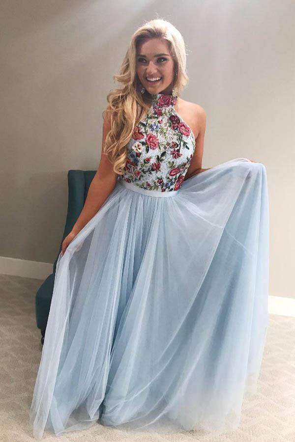 High Neck Homecoming Dresses, Blue Tulle Prom Dress, Elegant Homecoming Dresses, Dresses Two Piece, High Neck Prom Dress, Light Blue Prom Dress, Dress With Embroidery, Prom Dresses 2019, Blue Party Dress