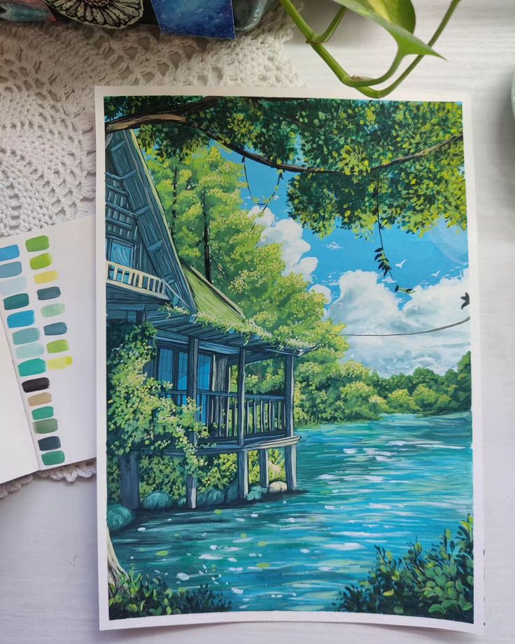 a painting of a house next to a river