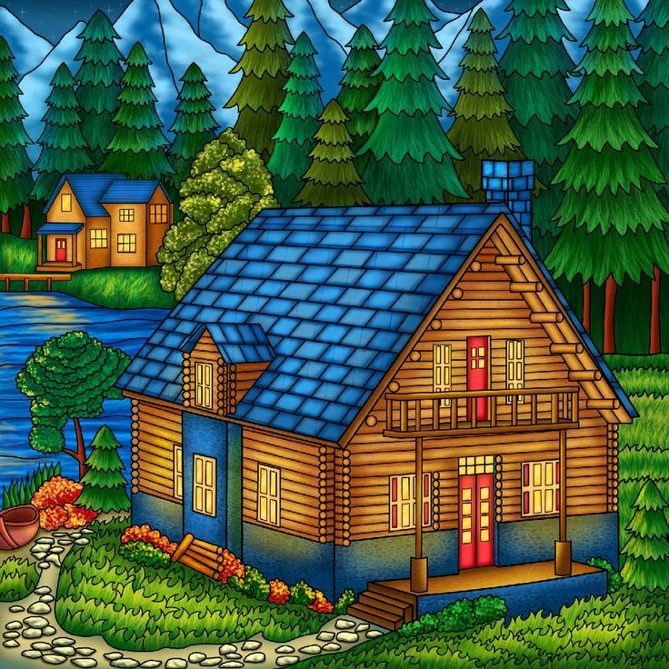 a painting of a log cabin in the woods with mountains and lake behind it,