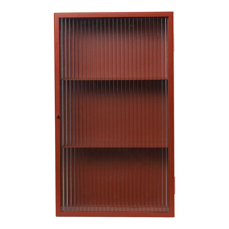 a red bookcase with three shelves on each side and one door open to reveal the bottom