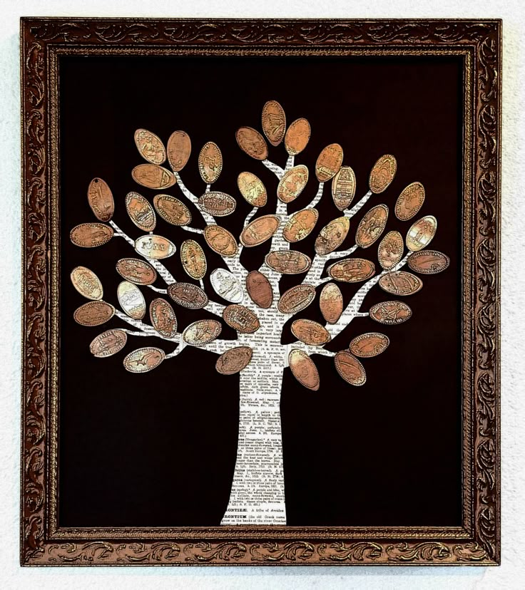 a tree with lots of leaves is shown in a frame on the wall above it