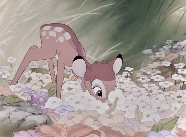 an animated deer is standing in the middle of flowers