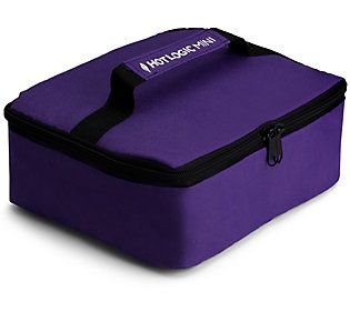 a purple lunch box with black handles