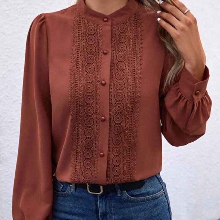 Brown Top Formal Tops For Women, Pretty Tops, Teacher Fashion, Fancy Shirt, Formal Tops, Business Formal Dress, Fancy Tops, Bright Fashion, Fashion Tops Blouse