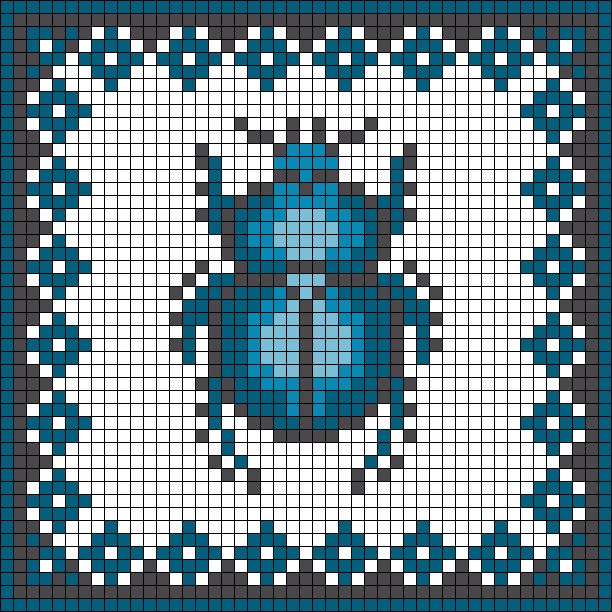 a cross stitch pattern with a blue beetle in the center and black dots around it