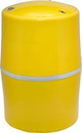 a yellow plastic container with silver trim around the top and bottom, on a white background