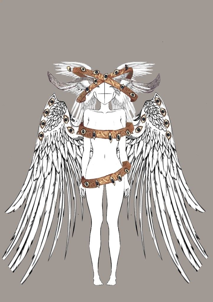 an angel with wings and chains around it's body, standing in front of a gray background