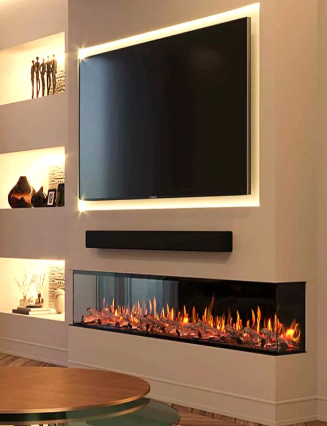 a living room with a large television mounted on the wall and fire in the fireplace