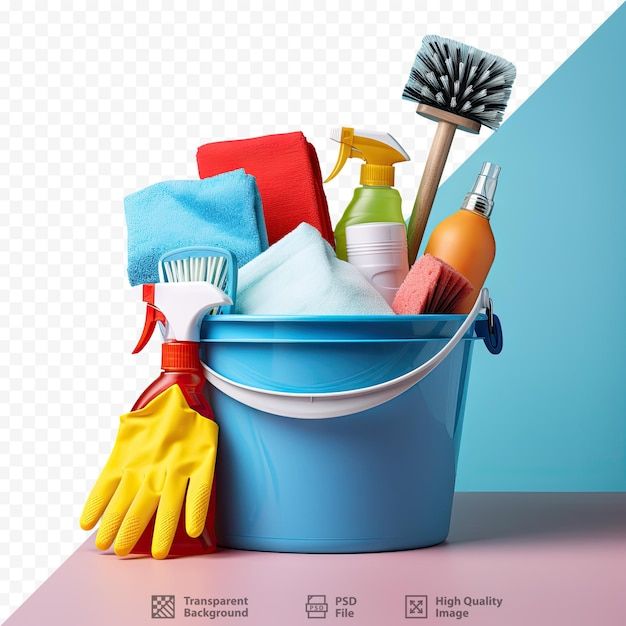 a bucket filled with cleaning supplies on top of a table