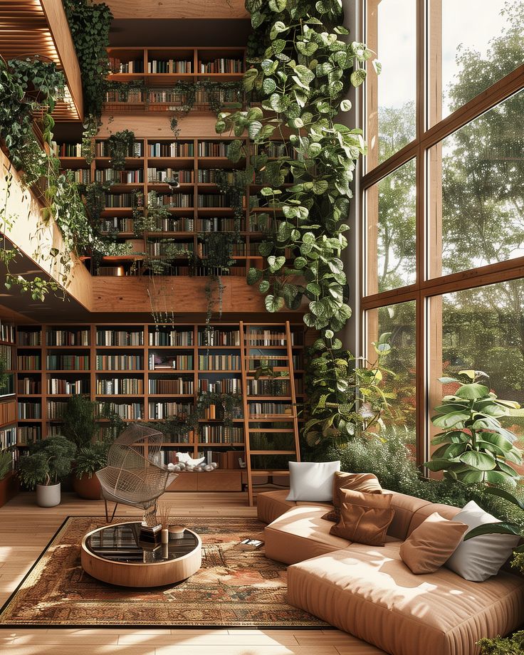 a living room filled with lots of plants and bookshelves on the wall next to a window