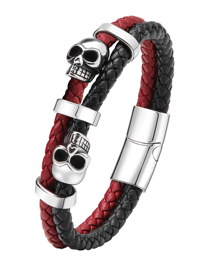 PRICES MAY VARY. Durable Degign: Edulex skull bracelet for men is made of high-quality double row leather and polished finish 316L stainless steel, quality plating technology, withstand daily wear and tear while retaining its stylish look, long time color retention Edgy and Punk: Stainless steel bracelet adorned with a double row of skulls along the leather strap is sure to turn heads, lead and nickel free and hypoallergenic All-day comfort: The punk cuff bracelet is secured with a sturdy stainl Punk Bracelets, Bracelet Gothic, Skull Bracelets, Skull Bracelet Men, Leather Bracelets For Men, Skeleton Bracelet, Red Leather Bracelet, Gothic Bracelet, Mens Cuff