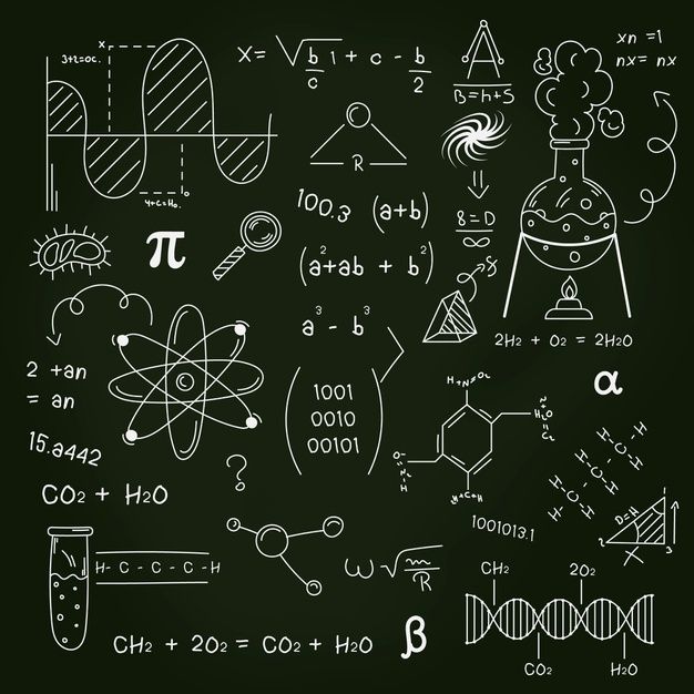 a blackboard with various symbols and calculations on it