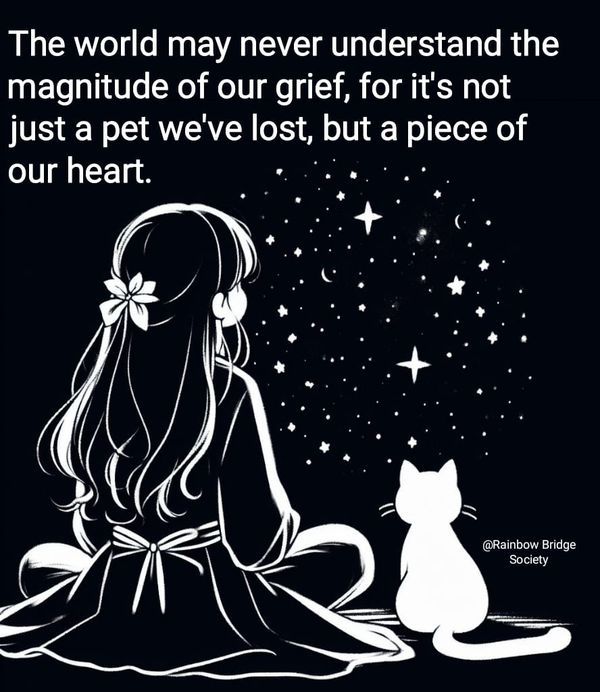 a woman sitting on the ground next to a cat with a caption that reads, the world may never understand the magnitude of our gift, for it's not just a pet we lost, but a piece of our heart