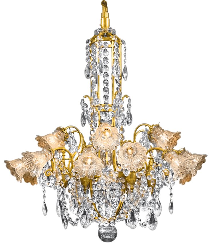 a gold chandelier with crystal flowers and leaves