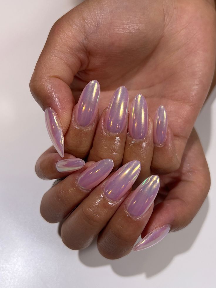 Unicorn Chrome Almond Nails, Acyrilics Nails Chrome, Pink Chrome Nails Black Women, Pink Rainbow Chrome Nails, Medium Square Acrylic Nails Chrome, Iridescent Chrome French Tip Nails, Mermaid Shimmer Nails, Silver Chrome Nails With Glitter, Purple Jelly Chrome Nails