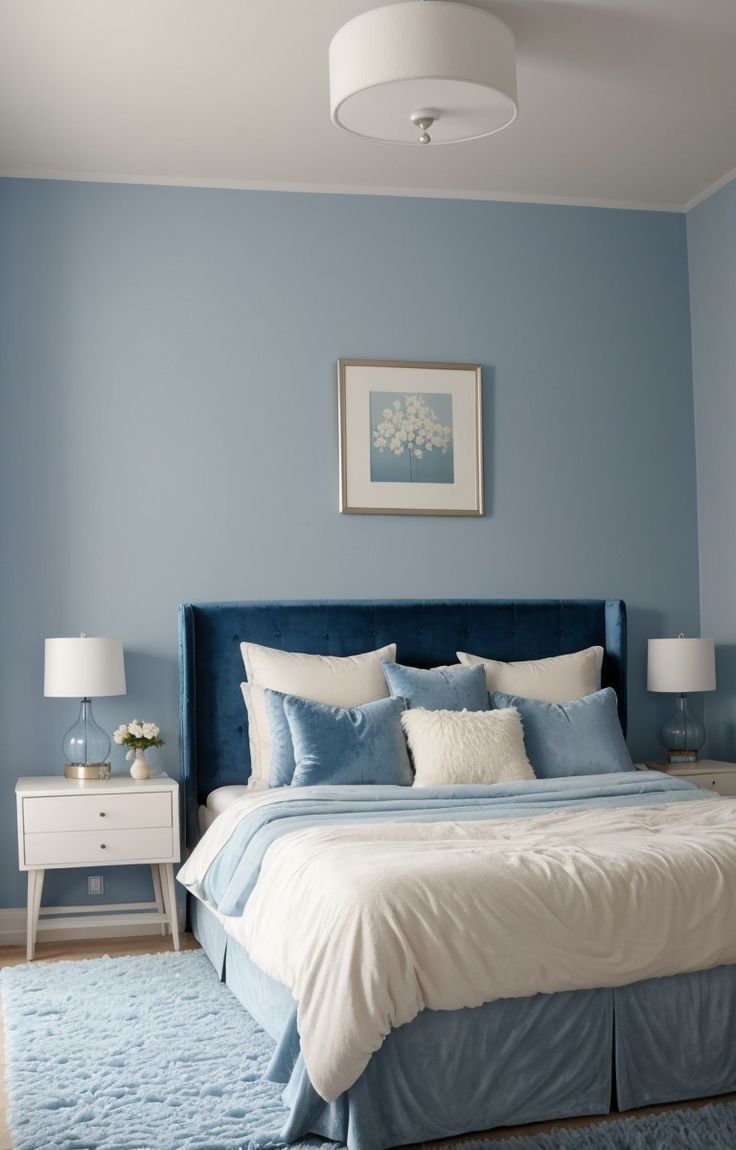 a blue and white bedroom with a bed, nightstands, and pictures on the wall