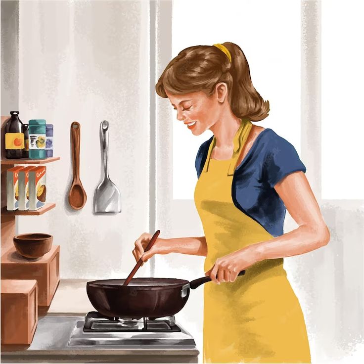 a woman in an apron cooking on the stove with a frying pan and spatula