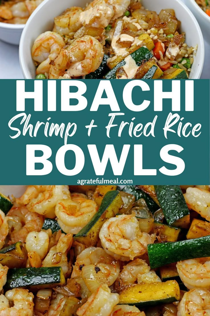 shrimp and fried rice bowls with zucchini, zucchini peppers and other vegetables