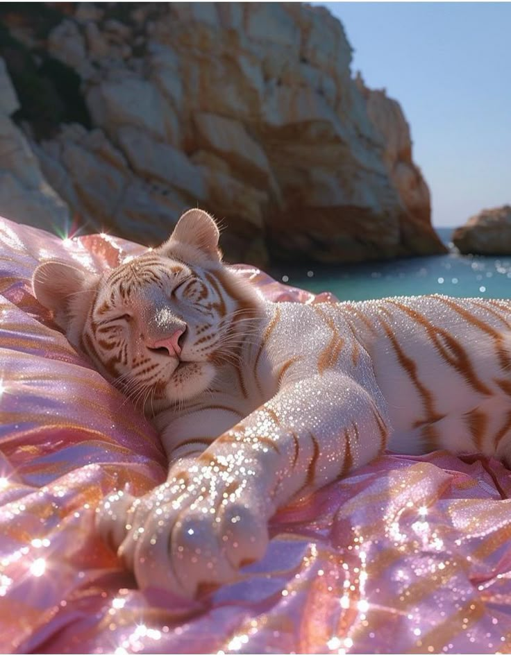 a white tiger laying on top of a pink blanket next to the ocean with rocks in the background