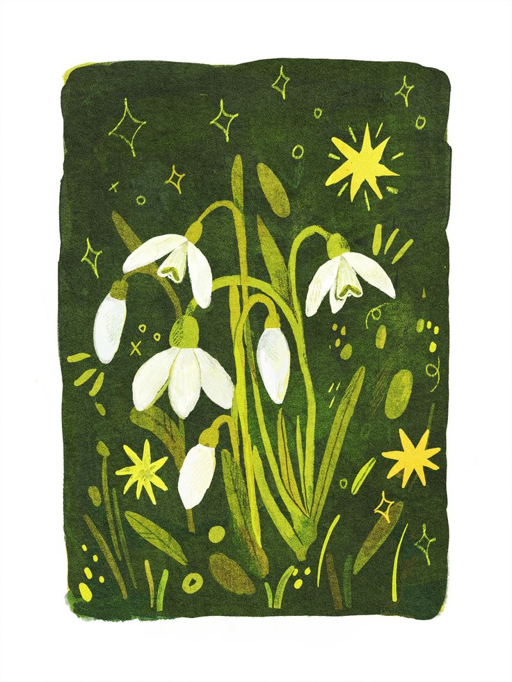 a painting of white flowers and green grass with stars in the sky above them on a dark green background