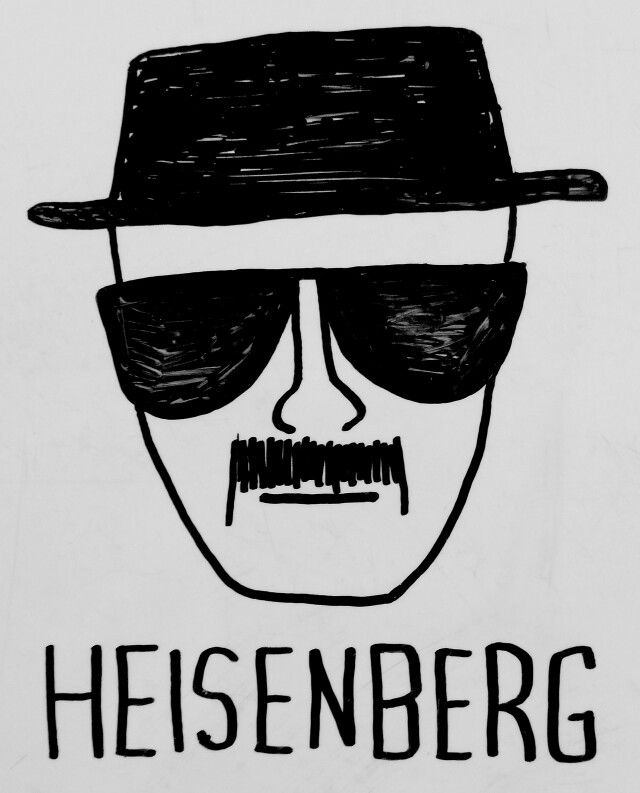 a drawing of a man wearing sunglasses and a hat with the words heisenberg on it