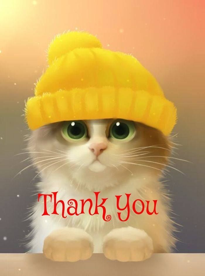 a cat wearing a yellow hat with the words thank you