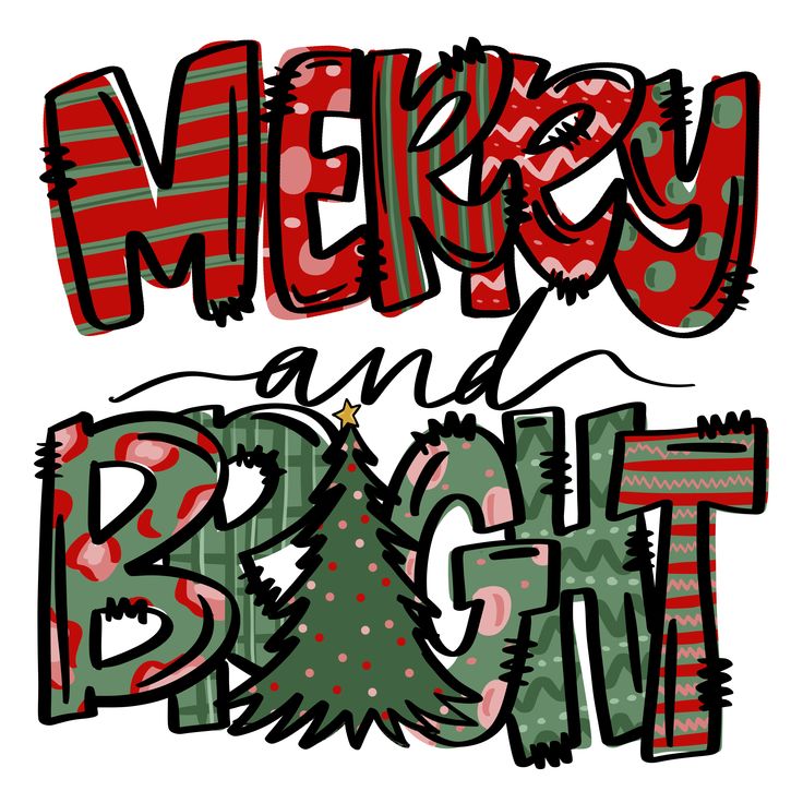 the words merry and bright are in red, green, and white letters with christmas trees on them