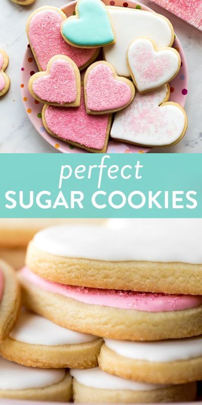 the perfect sugar cookies with pink and white frosting are on a plate next to some heart shaped cookies