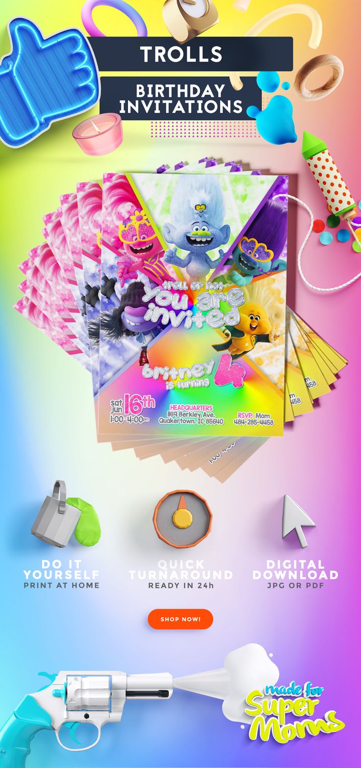 Printable and personalized Trolls World Tour birthday party invitations for your kids party.   #trolls #invitations #birthdayinvitations #kids #partyideas Guy Diamond, Candy Bag Toppers, Trolls World Tour, Trolls Birthday Party, Troll Party, Birthday Party Invitation Templates, Birthday Invitations Kids, Party Invite Template, Happy Birthday Banners