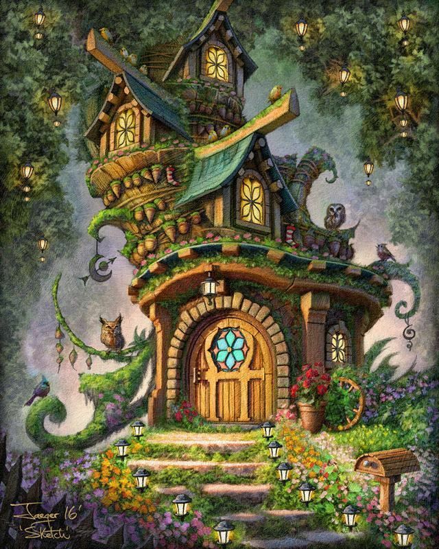 a painting of a fairy house with lots of windows and plants on the roof, surrounded by