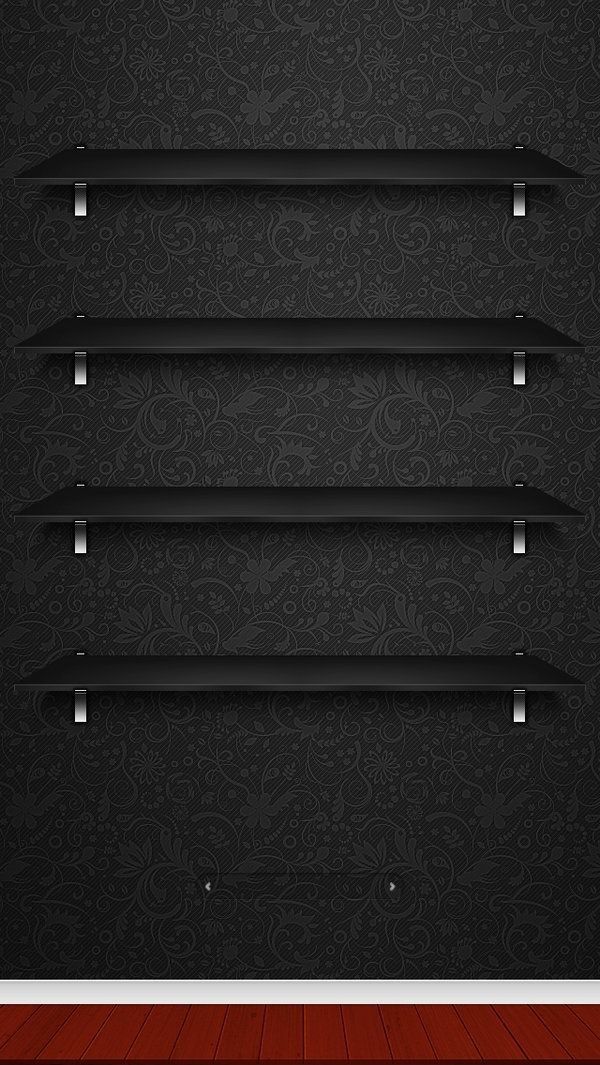 an empty shelf in the middle of a room with dark wallpaper and wood flooring