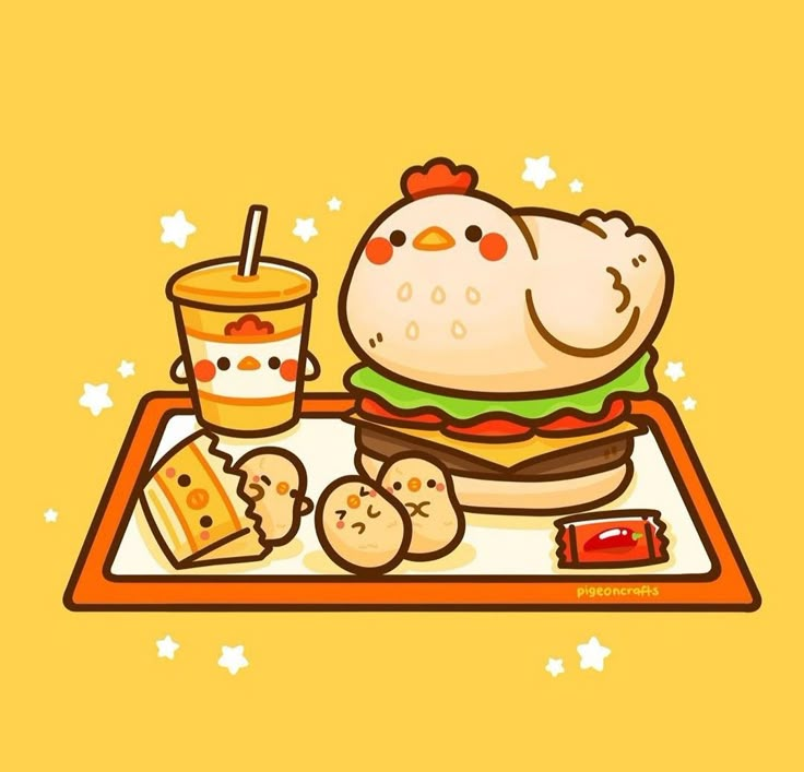 an illustration of a chicken sandwich and drink on a tray with food items around it