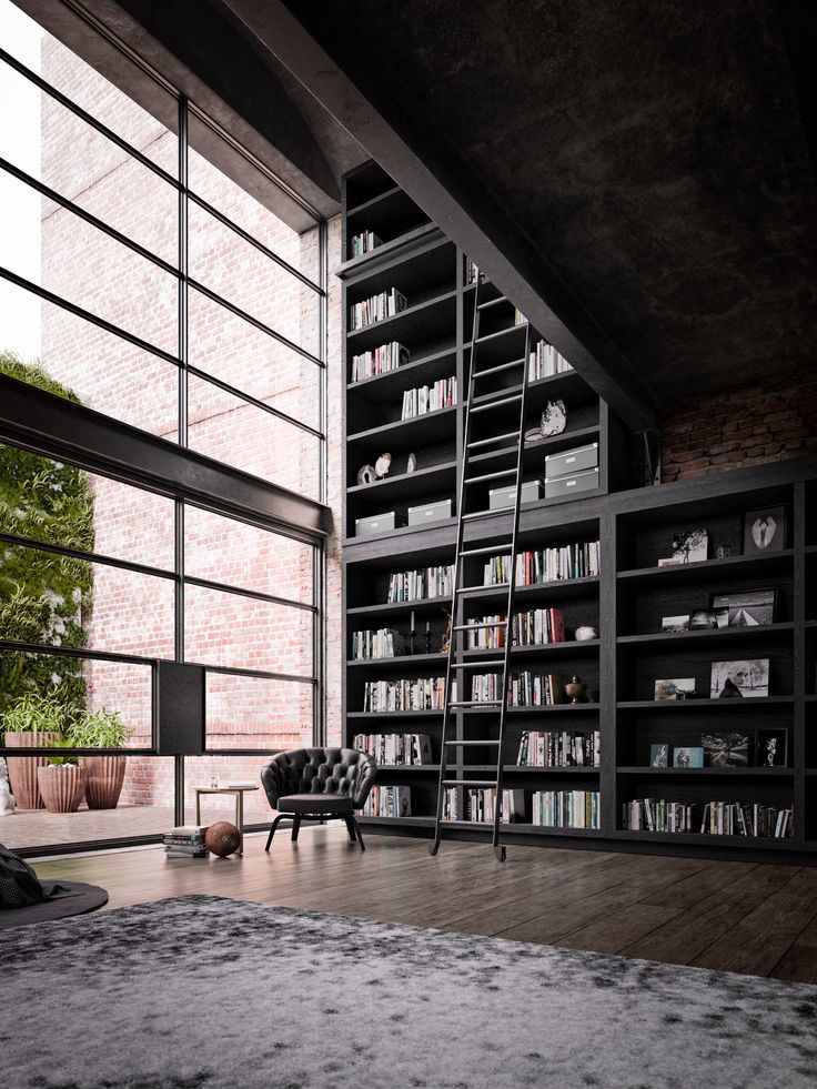 a living room with bookshelves and a ladder to the ceiling, in front of a large window