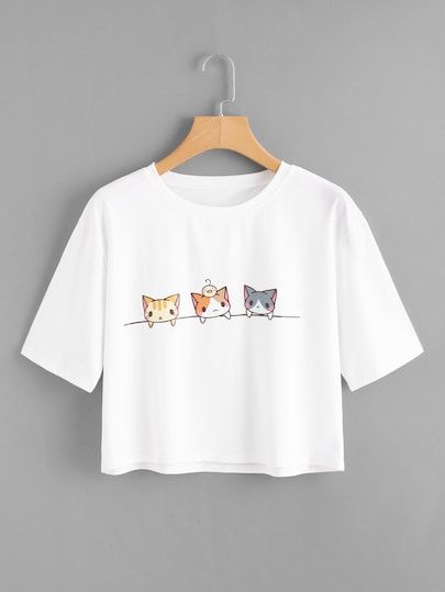 Smink Inspiration, T Shirt Painting, Crop Top Outfits, Cropped Tops, Kawaii Clothes, Teen Fashion Outfits, Cat Print, Crop Tee, Cute Casual Outfits