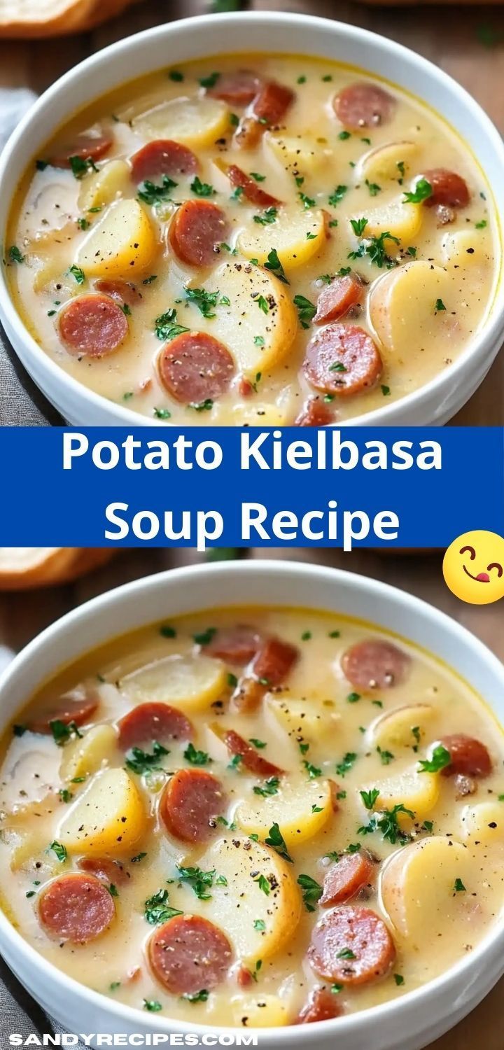 two bowls of potato kielbasa soup with bread on the side