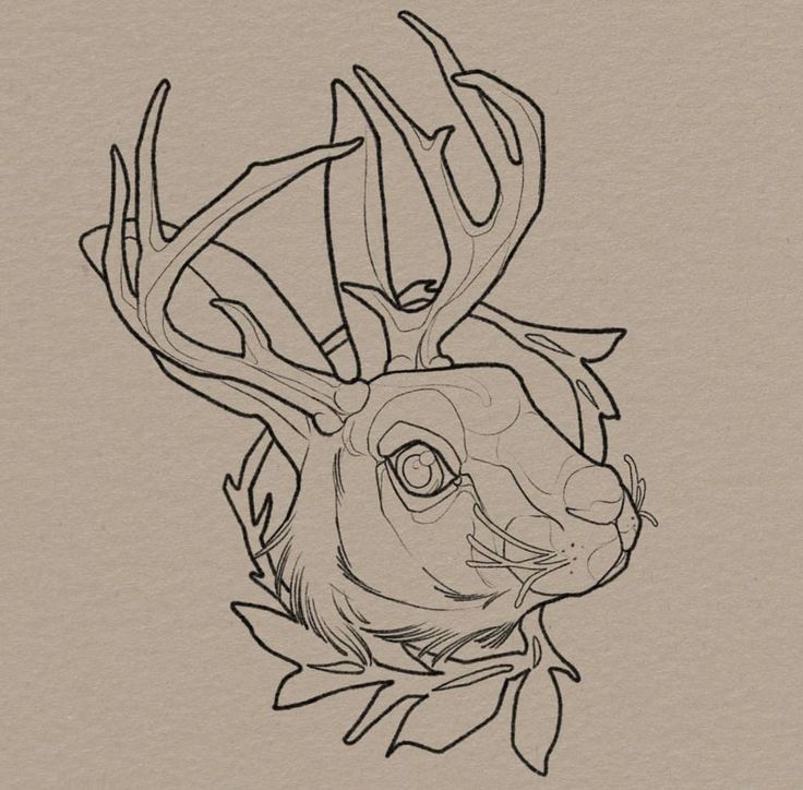 a black and white drawing of a deer's head with leaves around its neck