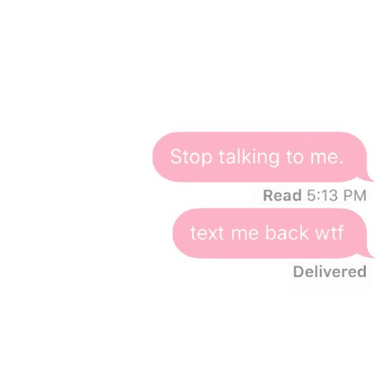 two pink text bubbles with the words stop talking to me read 5 13 pm text me back wf delivered