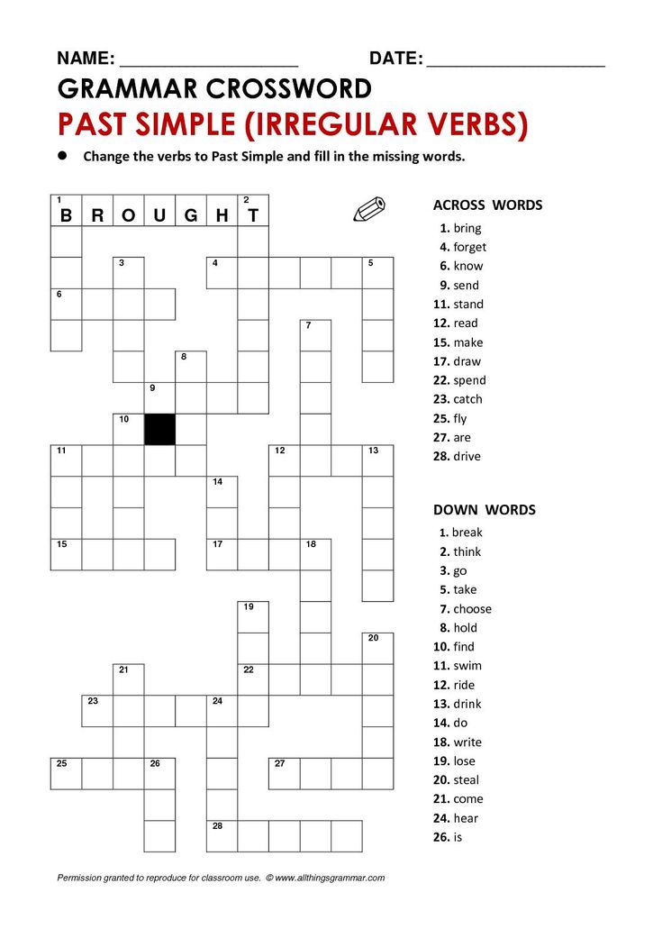 a crossword puzzle with the words past simple irregular verbs in red and black