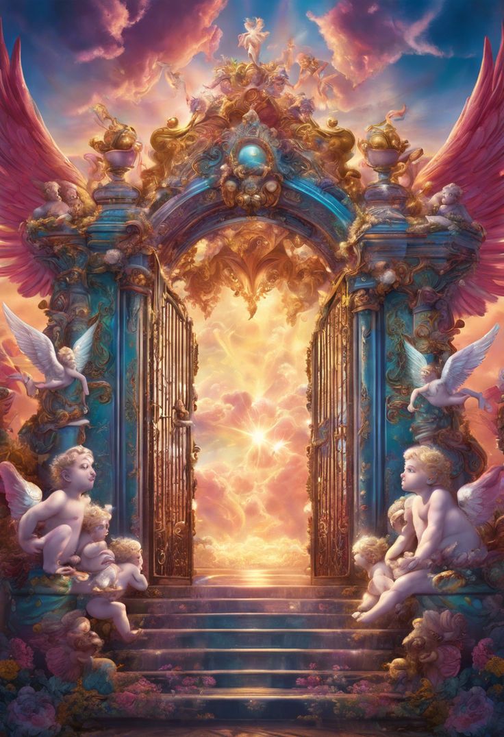 an ornate doorway with angels on the steps leading up to it and clouds in the background